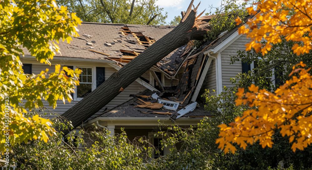 Un arbre tombe sur une maison et casse mur et toiture